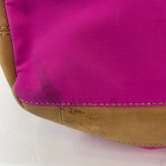 Fossil Key-Per Tote Bag Large Pink Canvas Leather Stripe Barbiecore Carry All - Picture 5 of 14